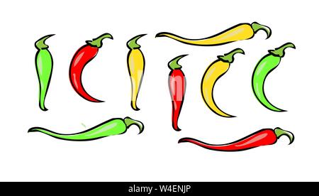 Jalapeno messicano hot chili pepper icona vettore su sfondo bianco. Colori Hot Chili Peppers impostato Illustrazione Vettoriale