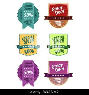I cartellini del prezzo etichetta con la vendita e lo sconto testo in forme diverse per la fine della stagione la promozione del negozio. Illustrazione Vettoriale Illustrazione Vettoriale