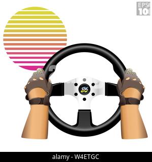 Bad Boy conducente titolare retrò volante, indossando 80's stile di guida i guanti di cuoio, tramonto in background in stile 1986 video giochi. Illustrazione Vettoriale