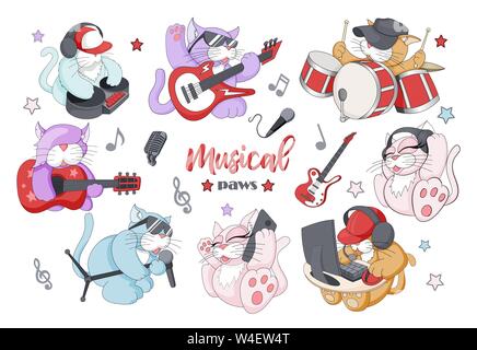 Set di vettore di strani piccoli caratteri musicali con vari strumenti Illustrazione Vettoriale