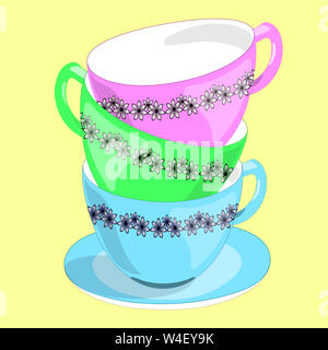 Immagine piatta di tre tazze colorate. Piatti per tè e caffè. Isolato, sfondo giallo. Illustrazione Foto Stock