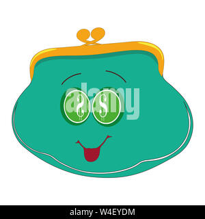 Disegno piatto di un portafoglio verde. Portafoglio con occhi. Portafoglio cartoon sorridente. Isolato, bianco.Illustrazione Foto Stock