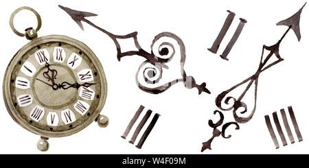 Vintage vecchio orologio orologio da tasca. Acquerello illustrazione dello sfondo impostato. Orologi isolato illustrazione elemento. Foto Stock