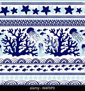 Stripe pattern senza giunture con mare animali subacquei. Cartoon carino meduse, corallo, stelle marine e fishs tropicale. Sfondo marino per i bambini. Perfetto per la stampa tessile, design di tessuto e tessuto Illustrazione Vettoriale
