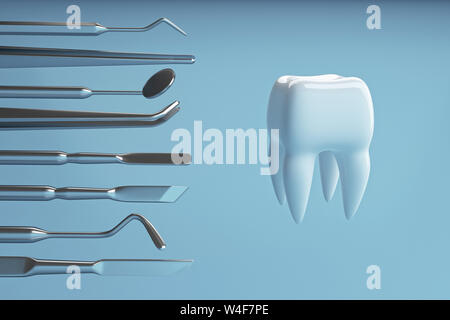 Immagine di un dente su uno sfondo blu con un dentista's tools. Dentista impostare gli strumenti per ispezionare i denti. Il rendering 3D. Foto Stock