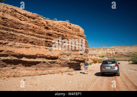 Il viaggiatore e il SUV a Jurassic arenaria scogliera vicino a Little Finland area, Gold Butte National Monument, Mojave Desert, Nevada, USA Foto Stock