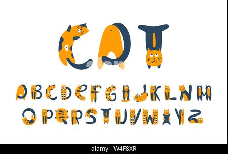 Gatti piatto font vettoriali. Gattini cartoon stilizzata alfabeto dei simboli in grassetto. Illustrazione Vettoriale
