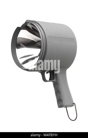 Torcia con un grande riflettore close up su uno sfondo bianco. grandi mano-potente lanterna isolati su sfondo bianco. Foto Stock