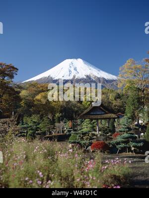 Giappone, Honshu, Prefettura di Yamanashi, cime innevate del Monte Fuji e tradizionale tetto in paglia edificio Foto Stock