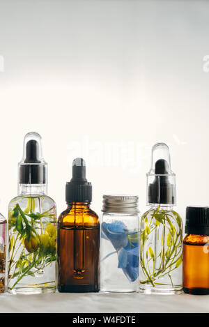 Bottiglie trasparenti di olio essenziale con erbe aromatiche e fiori, un trattamento naturale per massaggi, aromaterapia o spa. Le medicine naturali Foto Stock