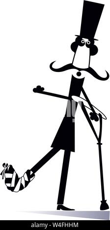 Ferito cartoon lungo baffi uomo nella parte superiore cappello illustrazione. Allegro baffi lungo uomo in cima con bendatura e crutches nero su bianco Illustrazione Vettoriale
