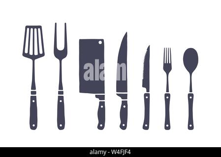 Vintage set da cucina. Set di taglio di carne coltello, forchetta, cucchiaio Illustrazione Vettoriale