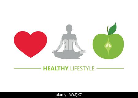 Uno stile di vita sano concetto cuore yoga e mela verde illustrazione vettoriale EPS10 Illustrazione Vettoriale