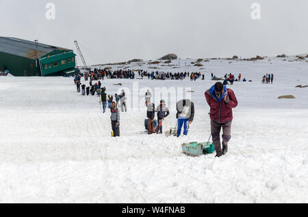 I turisti e gli estrattori di slittino arrampicata neve paesaggio riempito in Gondola Gulmarg Fase 2 / Apharwat picco, Gulmarg, Jammu e Kashmir India Foto Stock