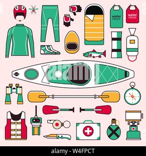 Il kayak ingranaggio e la linea di elementi di set di icone Illustrazione Vettoriale