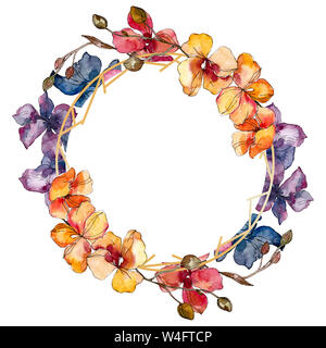 Orchid floreale di fiori botanica. Wild molla a balestra di fiori selvaggi isolati. Acquerello illustrazione dello sfondo impostato. Disegno ad acquerello fashion aquarelle. Foto Stock