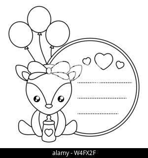 Piccolo Grazioso baby di renne nella scheda con palloncini elio illustrazione vettoriale design Illustrazione Vettoriale