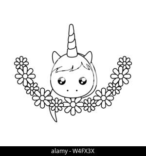 Testa di piccolo grazioso baby unicorn con la corona di fiori illustrazione vettoriale design Illustrazione Vettoriale