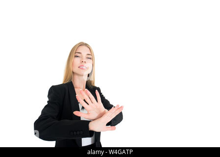 Corpo pieno ritratto di felice bella giovane imprenditrice, isolato su sfondo bianco. Bionda caucasica nel modello di business di successo del concetto. Foto Stock