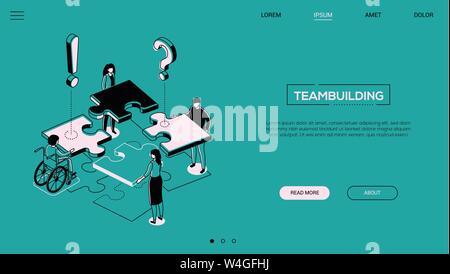 Teambuilding - linea uno stile di design isometrica banner web Illustrazione Vettoriale