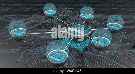Microchip collegato con lo schema di circuito, 3d illustrazione