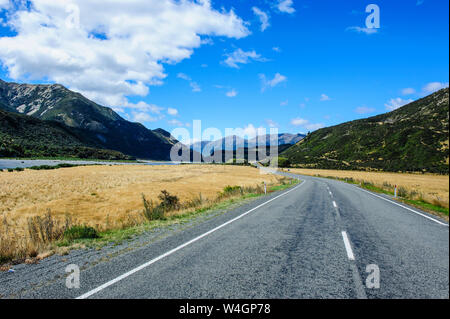 Strada che conduce al di sopra del passaggio di Lewis, Isola del Sud, Nuova Zelanda Foto Stock