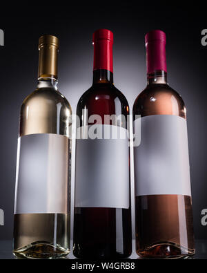 Basso angolo di visione delle bottiglie con bianco, rosso e rosato e le etichette in bianco su sfondo scuro con retro illuminazione Foto Stock