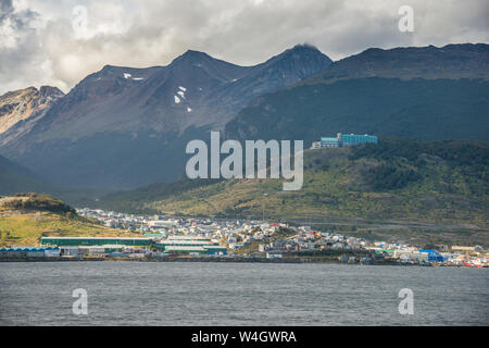 Vista di Ushuaia, Canale del Beagle, Tierra del Fuego, Argentina Foto Stock