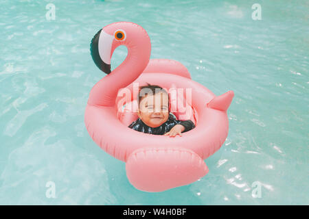 Carefree baby boy in fenicottero rosa galleggiante in piscina Foto Stock