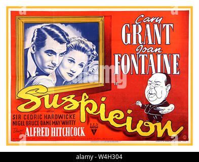 Regno Unito Vintage poster del film di Hitchcock' sospetto' (1941) Questo poster è per il 1953 re-release ed è uno dei primissimi manifesti includono un'immagine del direttore stesso. Foto Stock