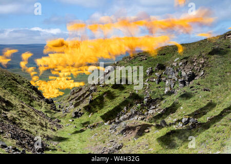 Balle Hush, Teesdale, County Durham, Regno Unito. Il 23 luglio 2019. Regno Unito Meteo. Dopo un avvio a caldo del giorno un vento forte fa sì che il tessuto del "silenzio" una delle più grandi opere d'arte all'aperto nel Regno Unito a billow nel vento. Questo unico 370m lungo l'installazione temporanea è stato creato dall'artista ambientale Steve Messam ed è stato commissionato dalla North Pennines AONB Partnership. Credito: David Forster/Alamy Live News Foto Stock