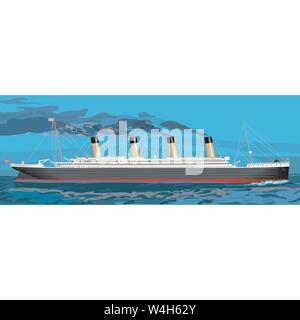 Titanic, vintage nave a vapore illustrazione con fumo nero versare è di pile come chugs attraverso il mare. Illustrazione Vettoriale