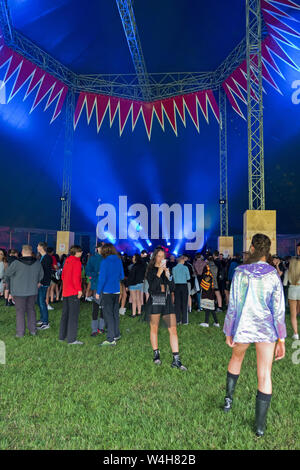 Gli adolescenti ascoltando musica rave in una grande marca in un outdoor festival di musica Foto Stock