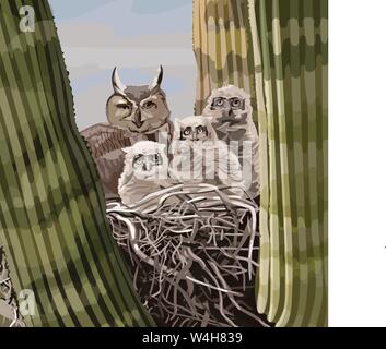 Owl famiglia, madre & 3 pulcini in seduta il nido di bastoni in un impianto ccactus circondato su tre lati da archi di cactus Illustrazione Vettoriale