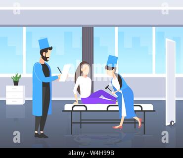 Test di neurologi istintive sulla donna medici del ginocchio in uniforme utilizzando hummer controllo riflessi del paziente femmina di sanità medicina concetto moderno Illustrazione Vettoriale