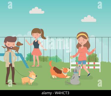 Giovani con simpatici cani di piccola taglia mascotte nel campo vector illustration design Illustrazione Vettoriale