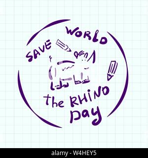 Mondo Rhino giorno doodle style adesivo. Emblema creativo disegnato a mano. Raffigura un cartoon rhino in un cerchio. Con un'iscrizione. Per la creazione di logo, banner, Illustrazione Vettoriale