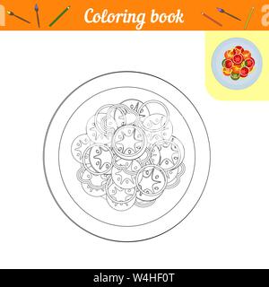 Libro da colorare. Le verdure su una piastra. Pittura il pranzo o la cena. Pagina di nero e di bianco le linee con un colore esempio. Nutrizione adeguata e la relativa icona. Una sana foo Illustrazione Vettoriale