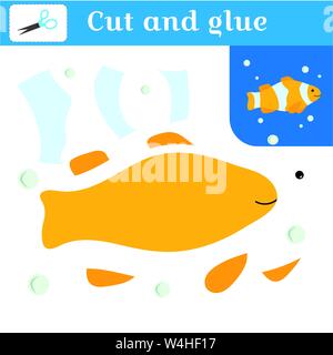 Tagliare e incollare. La carta punti gioco per i bambini in età prescolare. Puzzle - applique. Fatte a mano per creare un pesce. Il pagliaccio pesci e bolle. Scheda di apprendimento. Il vettore Illustrazione Vettoriale