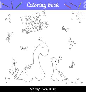 Libro da colorare Dino princess poster. Cartoon delineare disegnare. Gioco educativo per i bambini. Due dinosauri in corone. Poco di dinosauro e la sua mamma. Natura preistorica, farfalle, erba. Illustrazione Vettoriale scheda madre e bambino. weet foto per la stampa Illustrazione Vettoriale