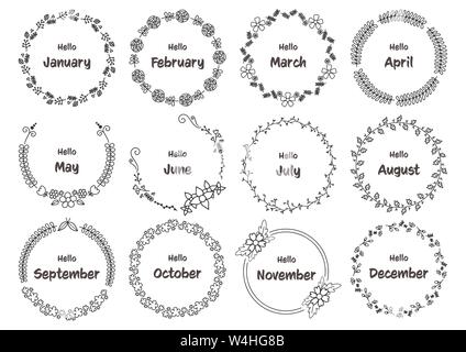 Disegnato a mano round floreali fotogrammi impostati Illustrazione Vettoriale