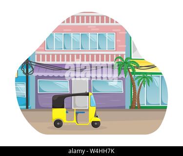 Vector tuk tuk sulla strada della citta'. Una superficie piana di cartoon illustrazione di asiatici del trasporto pubblico. Illustrazione Vettoriale