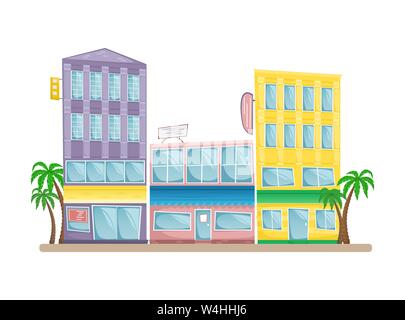 Asian street con i suoi edifici colorati, palme e segni. Vettore illustrazione cartoon Illustrazione Vettoriale