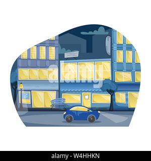 Vettore di piana notte panorama della città. Strada con case luminose, segni, alberi e panchine, un auto sulla strada. Illustrazione Vettoriale
