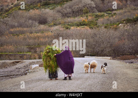 Due tradizionalmente condita donne marocchine sulla strada in Alto Atlante Foto Stock