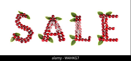 Iscrizione Cherry vendita lettere estate sfondo. Concetto di negozi di vendita su sfondo bianco Foto Stock