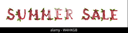 Iscrizione Cherry Estate vendita lettere estate sfondo. Concetto di negozi di vendita su sfondo bianco Foto Stock