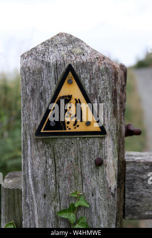 Simbolo triangolo di avvertimento nero e giallo su un post che consiglia del pericolo di erosione e precipizio cade Foto Stock