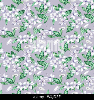 Acquerello seamless pattern con caffè bianco fiori e foglie verdi. Disegnate a mano illustrazione. Foto Stock