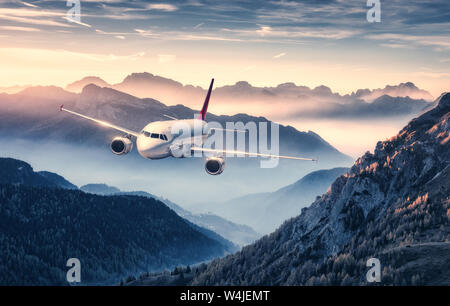 L'aereo è volare sulle montagne di nebbia al bel tramonto Foto Stock